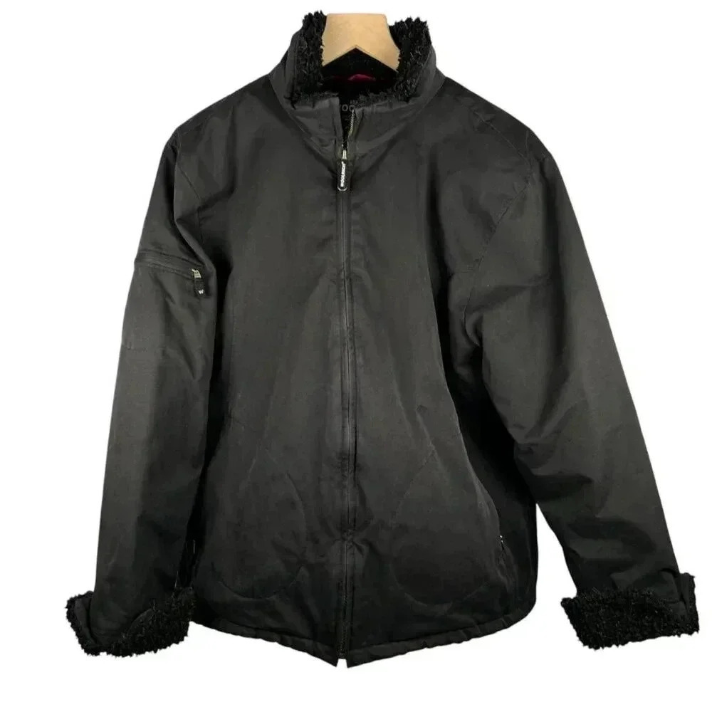 Vintage Woolrich Shearling Collar Size Large Women Rip Stop Jacket Coat Black Pl